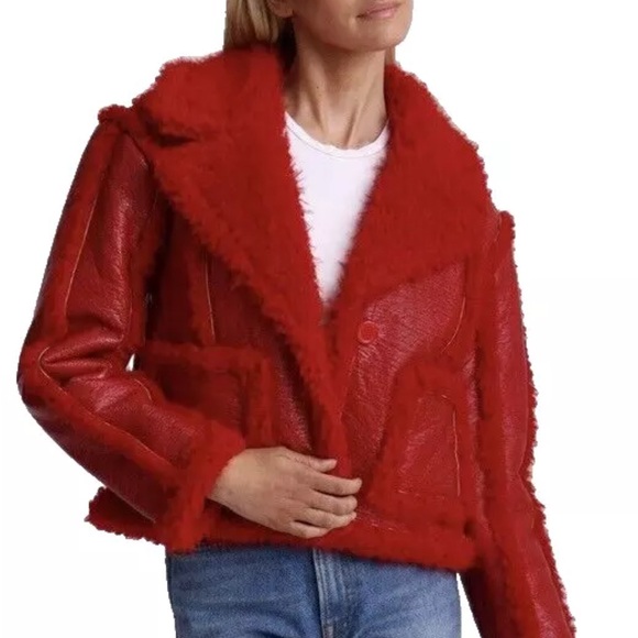 7 FOR ALL MANKIND Stella Red Vegan Leather Faux Shearling Cropped Jacket XS- NWT - Picture 2 of 6
